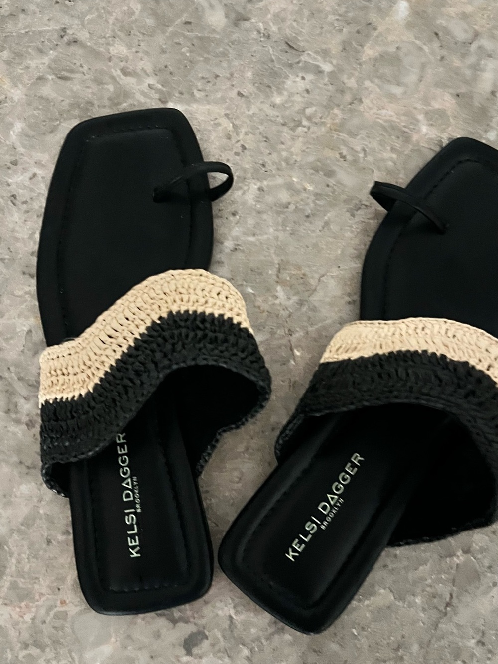 Kelsi Dagger Black and Natural Woven Toe-Loop Slide Sandals - Picture 2 of 4